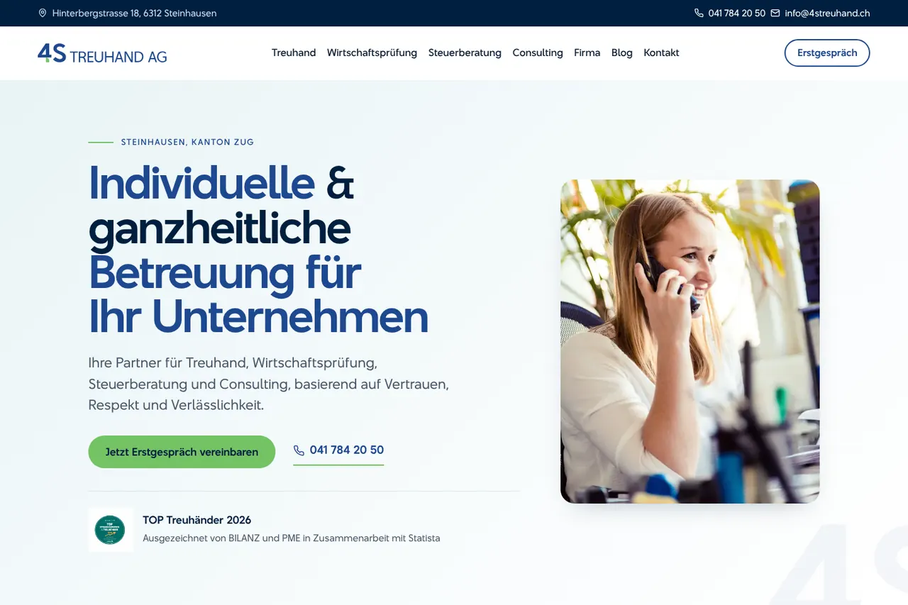 Nachher: 4S Treuhand AG, Startseite – neue Website von Procero