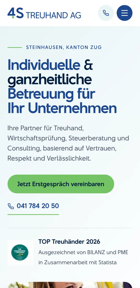 Nachher: neue Website der 4S Treuhand AG auf dem Handy