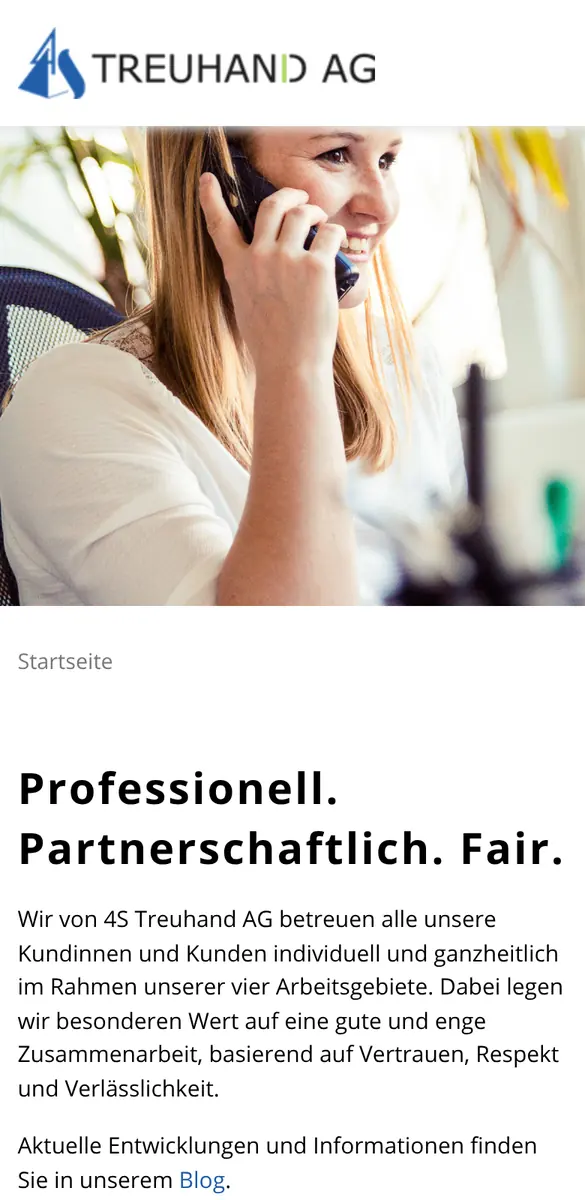 Vorher: bisherige Website der 4S Treuhand AG auf dem Handy