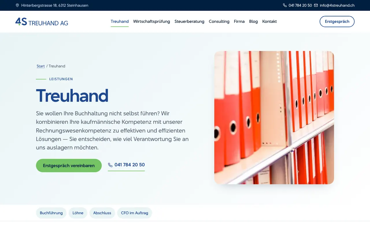Nachher: 4S Treuhand AG, Leistungsseite – neue Website von Procero